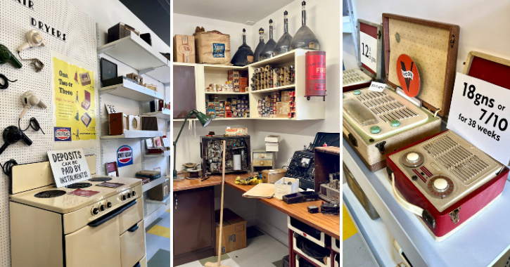 Different 1950s appliances and electrical items on display at the 1950s town shop at Beamish Museum